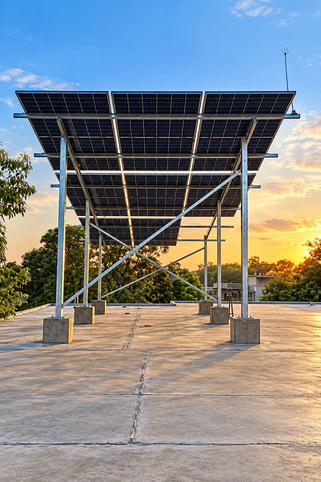 Elevated solar panel canopy supported by a steel structure